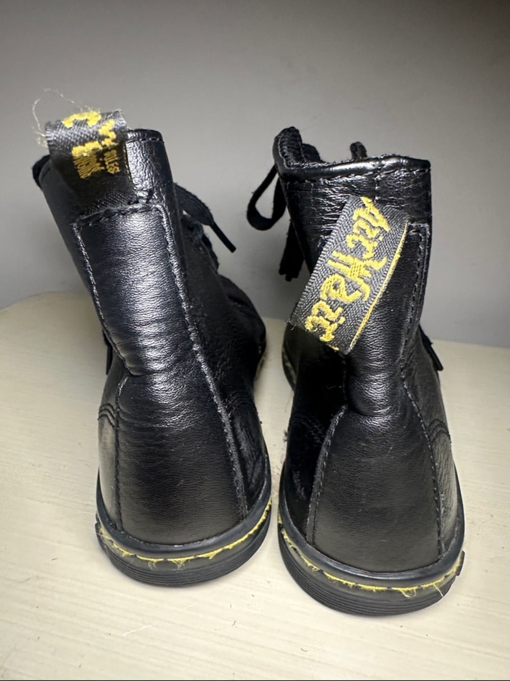 Doc Martens Black Leather Lace-Up Boots with Yellow Stitching - Picture 2 of 8